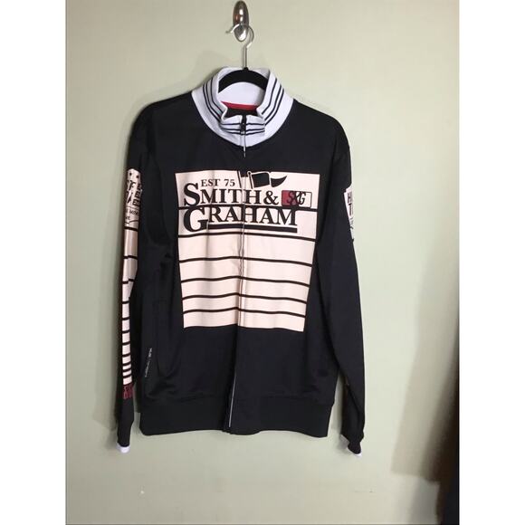 Smith & Graham Men Black Est 75 full-zip track jacket with a graphic print Lrg - Picture 3 of 8